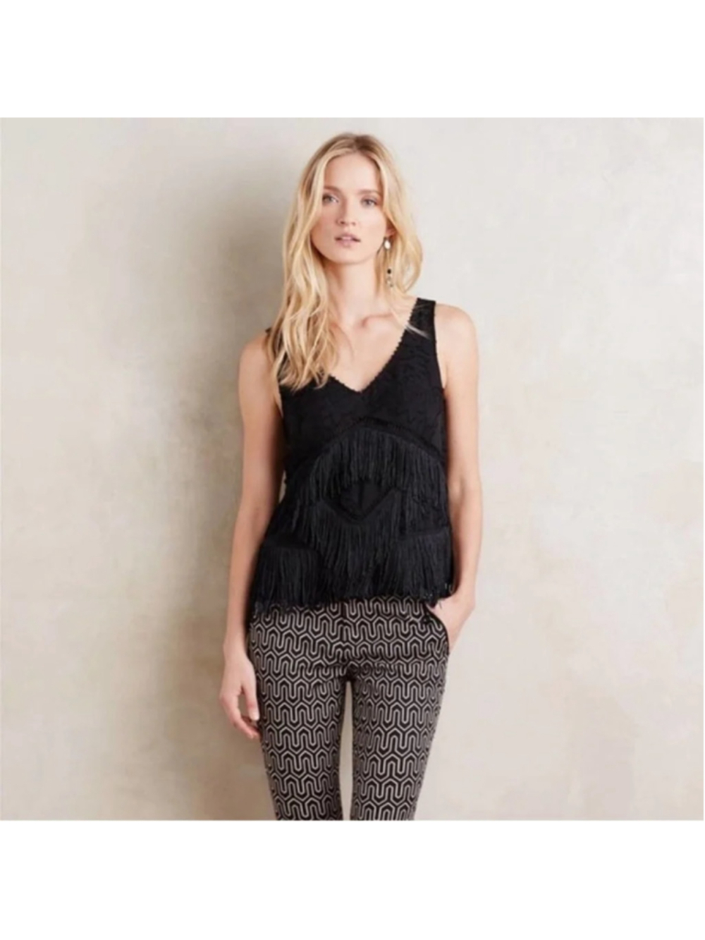 Anthropologie HD in Paris tiered fringe shell top black sleeveless floral bead 8